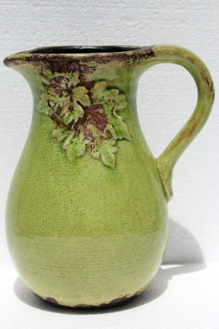 Vintage Large Hand Crafted Pottery Ceramic Stoneware Pitcher Green Glazed