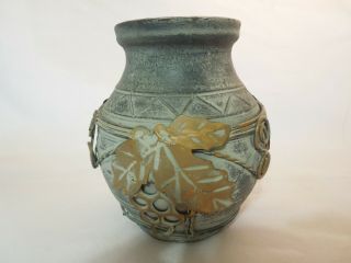 Vintage Clay Pottery Vase With Brass Leaves And Grapes Antique Style