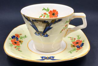 Vintage Art Deco H & K Tunstall Cup & Saucer Orange Flowers Blue Fan England