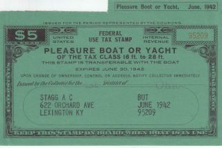 1941,  $5.  00 Pleasure Boat Or Yacht Over 16 Ft.  To 28 Ft. ,  See Remark (23176)