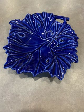 Vtg Camark Art Pottery Large Cobalt Blue Glazed Leaf Stem Console Bowl Platter