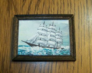 Miniature Dollhouse Artisan Oil Painting Of " Sailing Ship " With Wood Framed