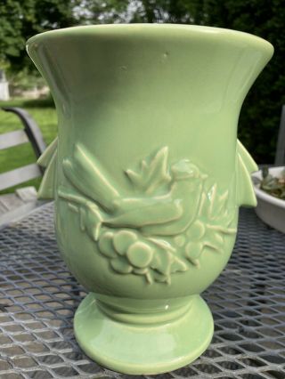 Vintage Mccoy Pottery Green Gloss Bird And Berries Vase Planter Made In Usa