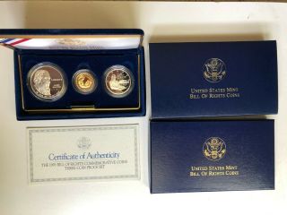 1993 Bill Of Rights,  Madison 3 Coin Commemorative Set 50c Clad $1 Silver $5 Gold