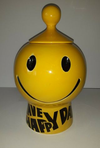Awesome Have A Happy Day Smiley Face Mccoy Pottery Cookie Jar