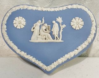 Vintage Wedgwood Jasperware White On Blue Heart Lidded Trinket Box 5 "