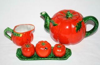 Vintage Occupied Japan Tomato Tea Pot,  Salt & Pepper,  Condiment Set 1950