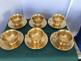 Vintage Pickard Rose And Daisy Gold Set 6 Cups & Saucers