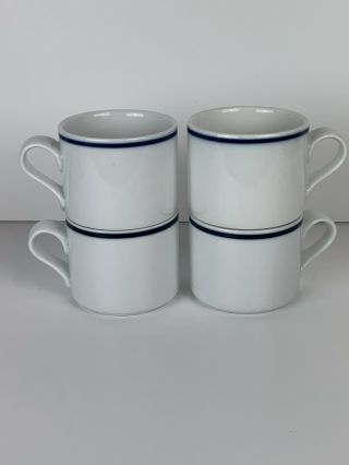 Set Of 4 Dansk Bistro White Christianshavn Blue Rim Stripe Coffee Cups