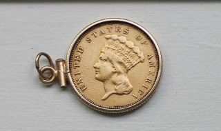 1878 $3 Three Dollar Gold Indian Princess Head Coin Gold Bezzel Pendant