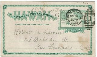 Hawaii 1900 Honolulu Apr 18 Duplex Cancel On Postal Card To The U.  S. ,  Ux9a