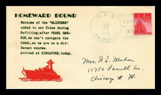 Us Cover Uss California Singapore Naval Cancel Wwii Thermographed Cachet