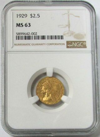 1929 Gold United States $2.  5 Indian Head Quarter Eagle Coin Ngc State 63