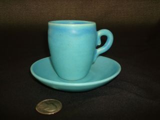 Vintage Aqua Teal Blue Van Briggle Pottery Espresso Cup & Saucer Set; Signed