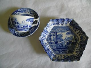 Spode Blue Italian Demitasse Cup And Saucer And Small Size Dish (lemon Dish)