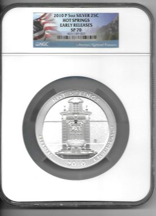 2010 P Hot Springs 5 oz Silver 25c SP 70 NGC EARLY RELEASES FLAG LABEL 3