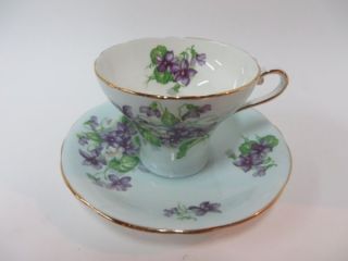 Aynsley Corset Style Blue With Purple Violets Teacup And Saucer
