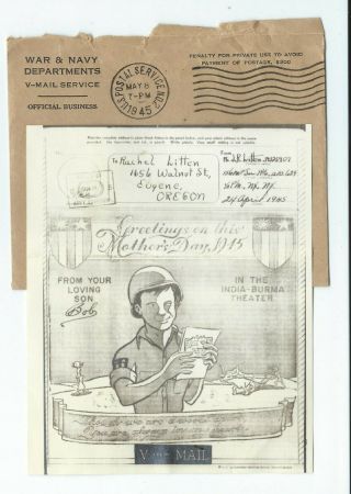 Wwii Illustrated Vmail Letter Cbi China Burma India Mothers Day 1945 Apo 629
