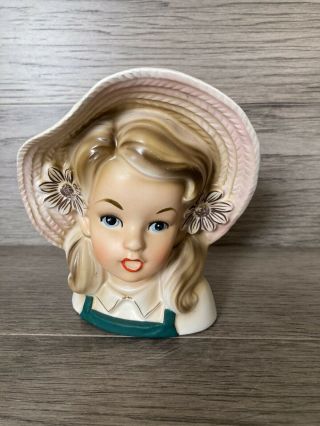 Vintage Lady Head Vase Green With Hat Flowers Japan