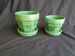 Green Mccoy Pottery Basketweave Flower Pot W/ Attached Saucers Signed 5 " & 4 "