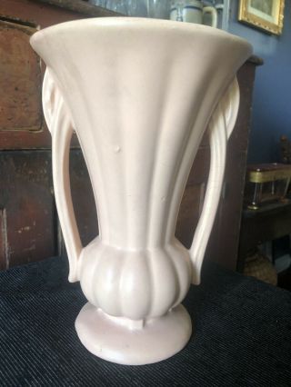 Vintage Mccoy Pottery Matte Pink Handled Vase 9 1/4”