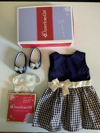 American Girl Pet Show Outfit Gingham Blue Dress With Headband And Shoes Retired