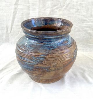 Vintage Hand Thrown Studio Art Pottery Vase - Textured Blue & Brown - Signed