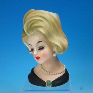 Large Vintage Lady Head Vase 8 " Tall With Pearl Earrings,  Necklace - Shelf Piece