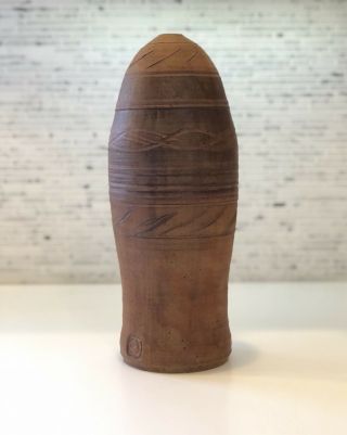 Mid Century Modern Stoneware Pottery Weed Pot Vase Signed Vintage Carved Design