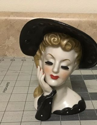 Vintage Lady Head Vase In Black With Polkadots