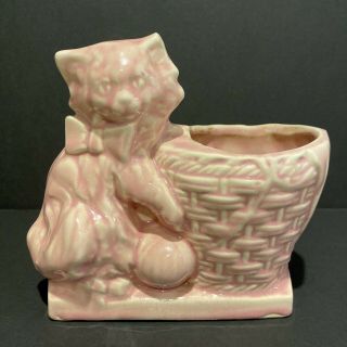 Vintage Mccoy Pottery Planter/vase Kitten And Yarn Basket 1940s Pink