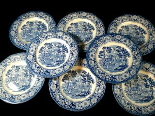 Staffordshire China England Liberty Blue Set 8 Bread Cake Plates