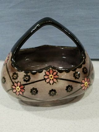 Erphila Art Pottery Czechoslovakia Brown Flower Basket With Handle