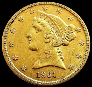 1861 Gold Usa Civil War Era No Motto $5 Dollar Liberty Coin