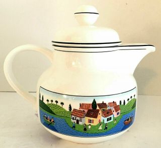 Villeroy & Boch Design Naif 32 Oz Teapot W/ Lid Folk Art Village Scene Euc
