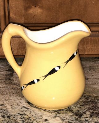 Jobi Pitcher Handcrafted & Painted Cape Cod Pottery Yellow Mid Century Mod Fish