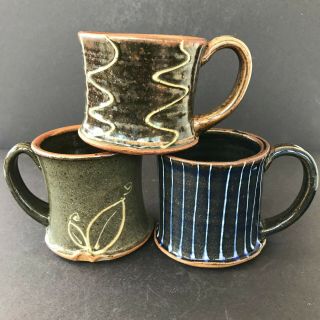 Set Of 3 Studio Art Pottery Coffee Mug,  Tea Cup,  Stoneware,  Artist Signed 
