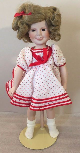 Shirley Temple 14 " Porcelain Doll W/stand Danbury White Dress Red Polka Dot