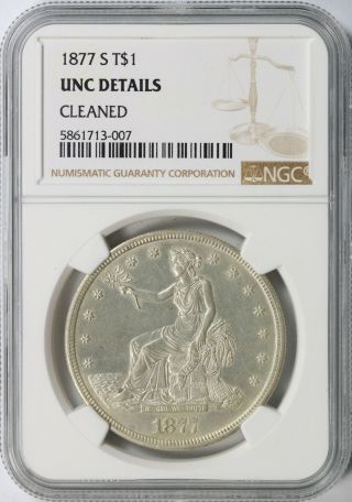 1877 - S Silver Trade Dollar $1 Ngc Unc Details - Cleaned