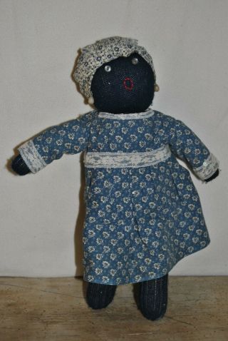 Vintage Handmade Americana Cloth Rag Doll 12 " Blue Dress 7 - D