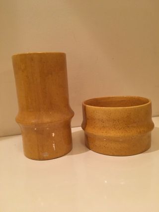 Royal Haeger Pottery Vase Planters Tiki Bamboo Mcm Set 2 Yellow Ceramic 1966