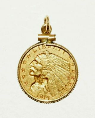 Us 10k Y.  G.  Coin Pendant W 1914 Indian Head Gold Quarter Eagle Coin $2.  5 (hay) 9