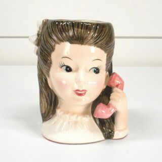 Vintage Enesco Head Vase Headvase Teenager Girl With Telephone Phone Porcelain
