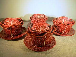 4 Vintage Secla Red Cabbage Leaf Majolica Soup Bowls W/lids & Saucers Portugal