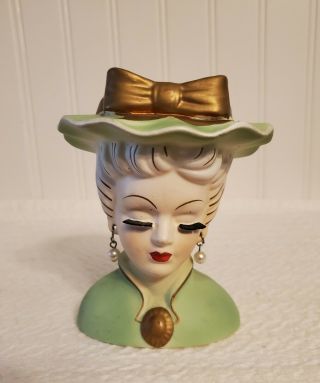 Vintage Lady Head Vase Green Dress & Hat Gold Bow & Broach,  Pearl Earrings