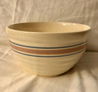 Antique Vintage Stoneware Yellow Ware Beehive Mixing Bowl Pink Blue Stripes 9”