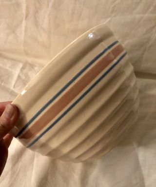 Antique Vintage Stoneware Yellow Ware Beehive Mixing Bowl Pink Blue Stripes 9” 2