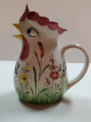Vintage Italian Made Ceramic Rooster / Chicken Water / Milk Pitcher Hand Painted