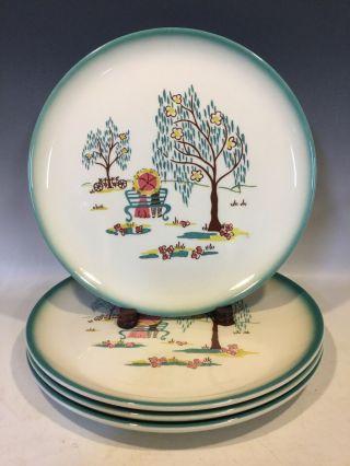 4 Vintage Brock Of California Plates " Forever Yours " Teal Fade Border 1940s/50s
