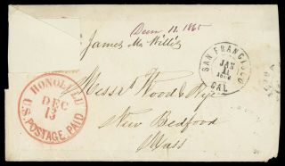 Hawaii " Honolulu,  U.  S.  Postage Paid " Cds 1865 Cover Via San Francisco To Usa
